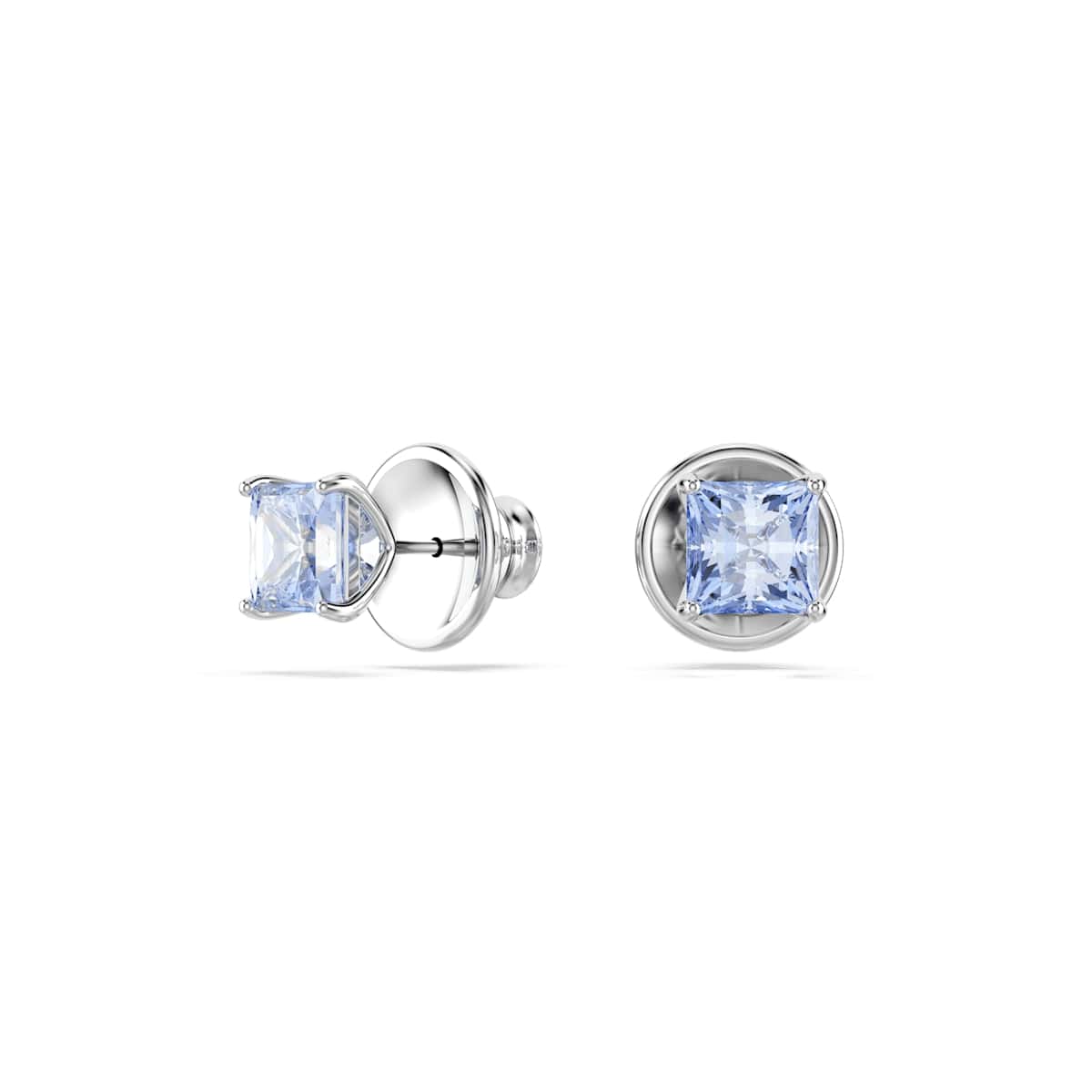 Matrix stud earrings, Square cut, Blue, Rhodium plated