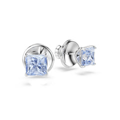 Matrix stud earrings, Square cut, Blue, Rhodium plated