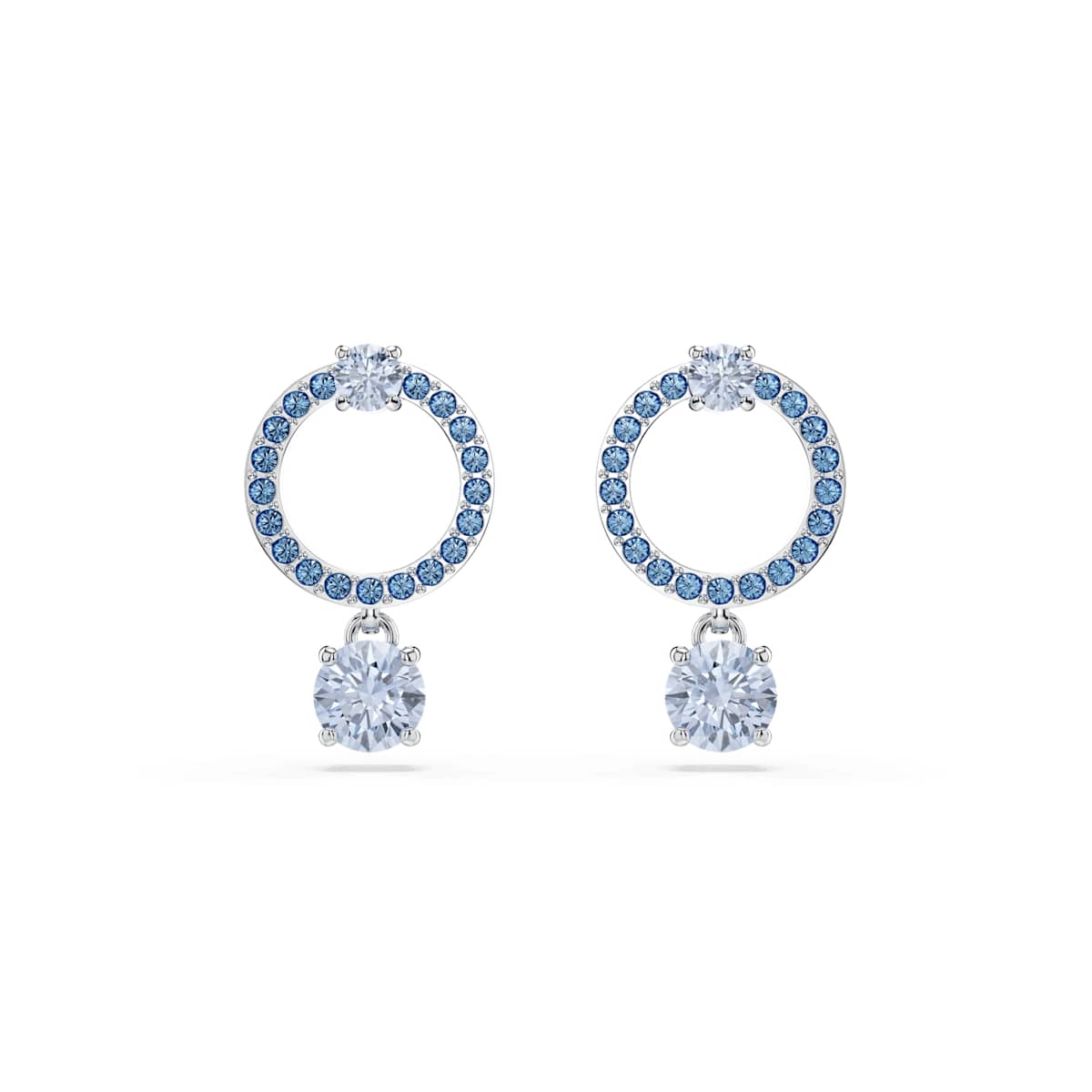 Attract drop earrings, Round cut, Blue, Rhodium plated