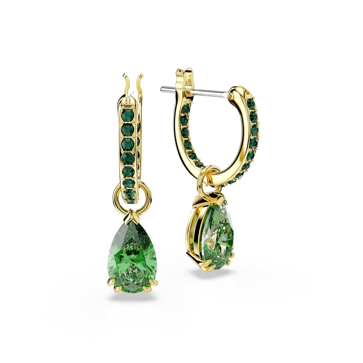 Attract drop earrings, Pear cut, Green, Gold-tone plated
