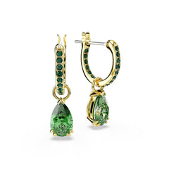 Attract drop earrings, Pear cut, Green, Gold-tone plated