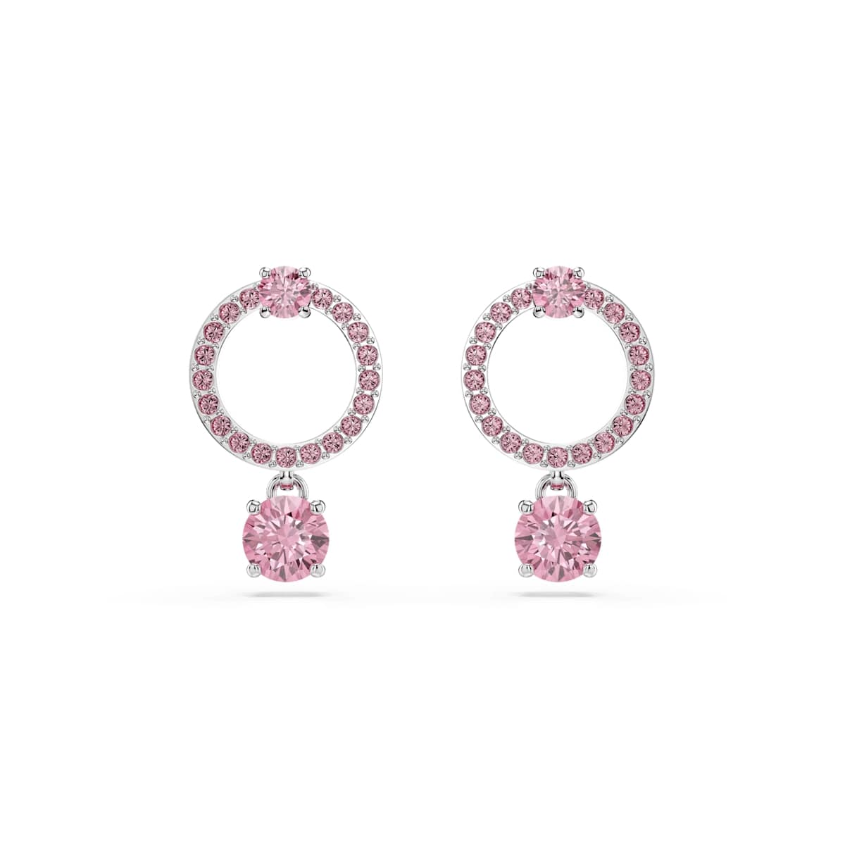 Attract drop earrings, Round cut, Pink, Rhodium plated