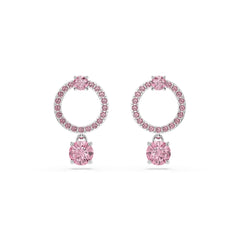 Attract drop earrings, Round cut, Pink, Rhodium plated