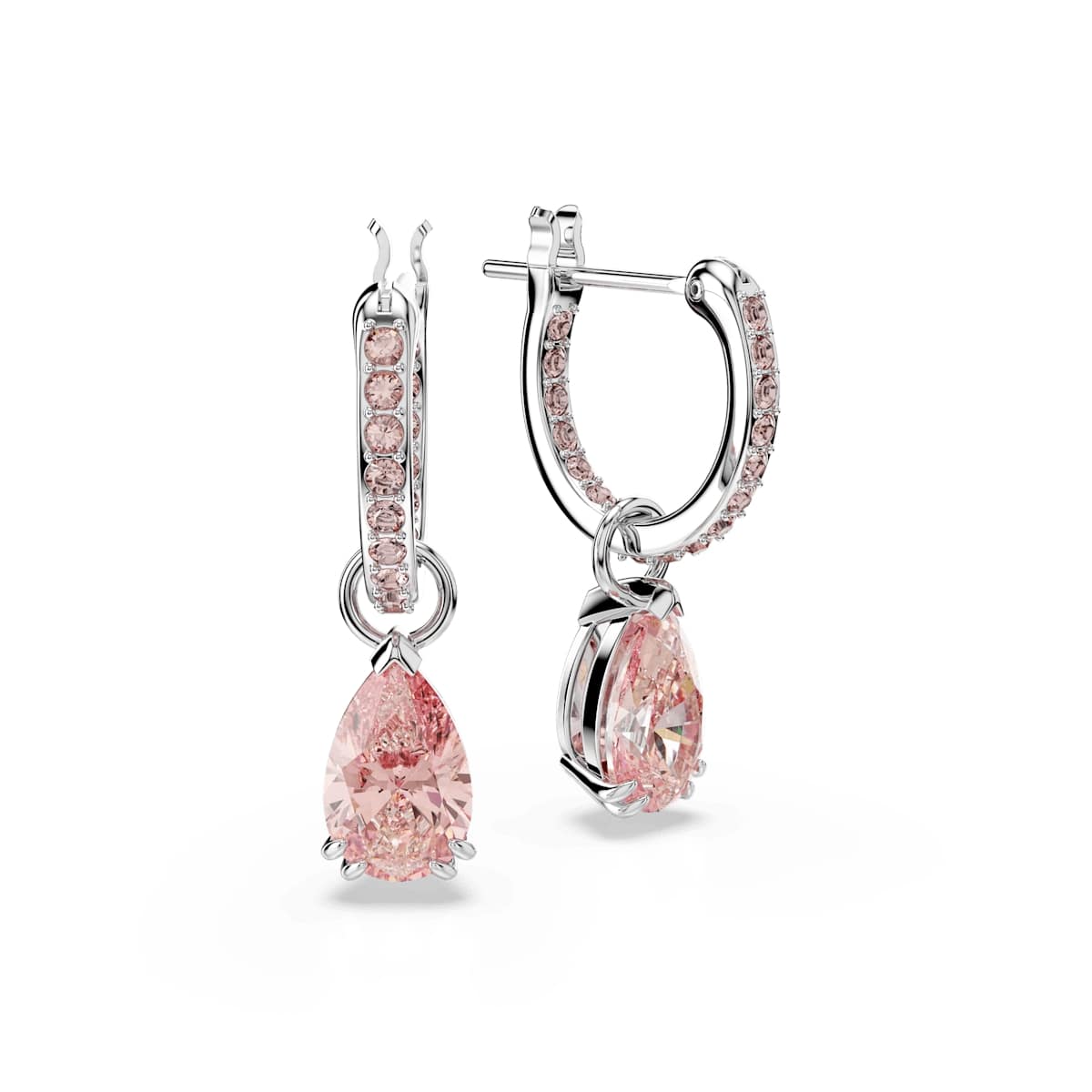 Attract drop earrings, Pear cut, Pink, Rhodium plated
