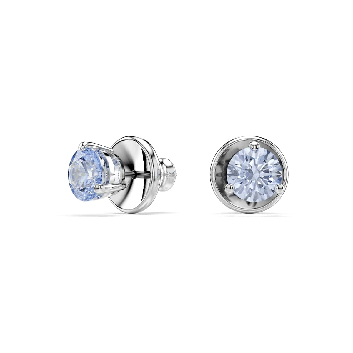 Solitaire stud earrings, Round cut, Blue, Rhodium plated