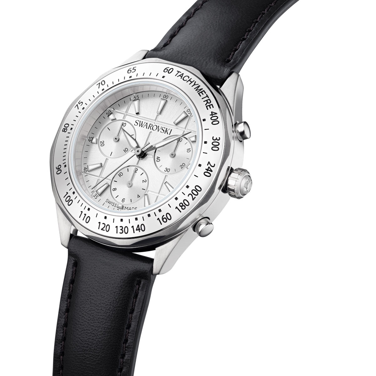 Dextera Tachymetre watch, Swiss Made, Leather strap, Silver tone, Stainless steel