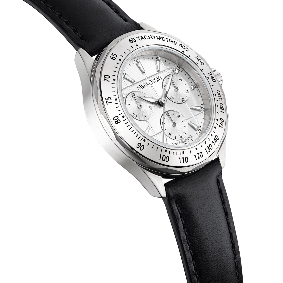 Dextera Tachymetre watch, Swiss Made, Leather strap, Silver tone, Stainless steel