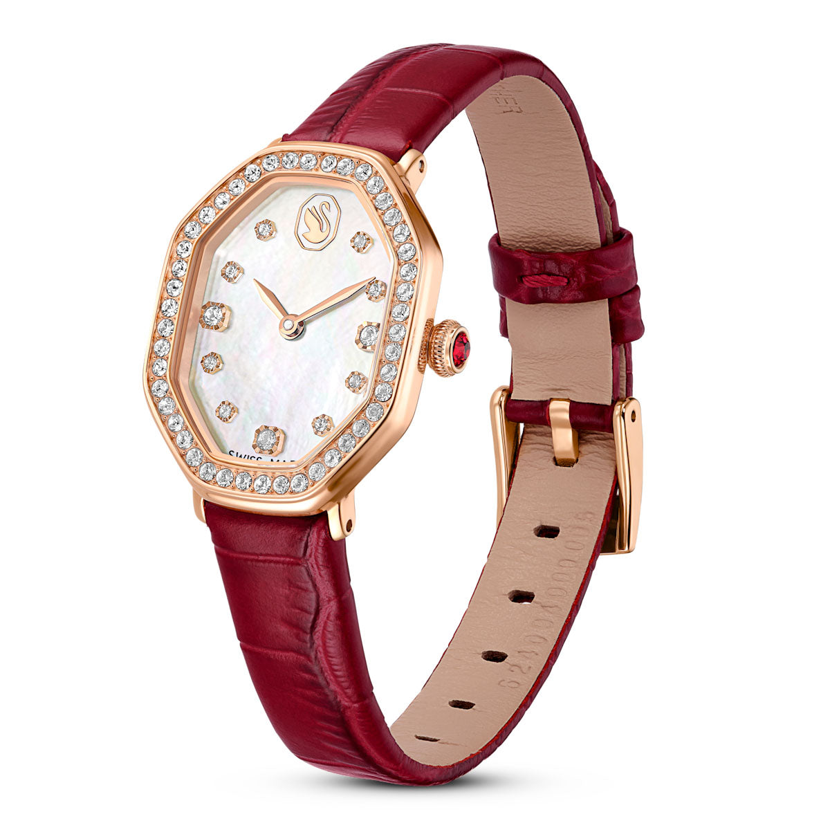 Dextera Octagon watch, Swiss Made, Leather strap, Red, Rose gold-tone finish