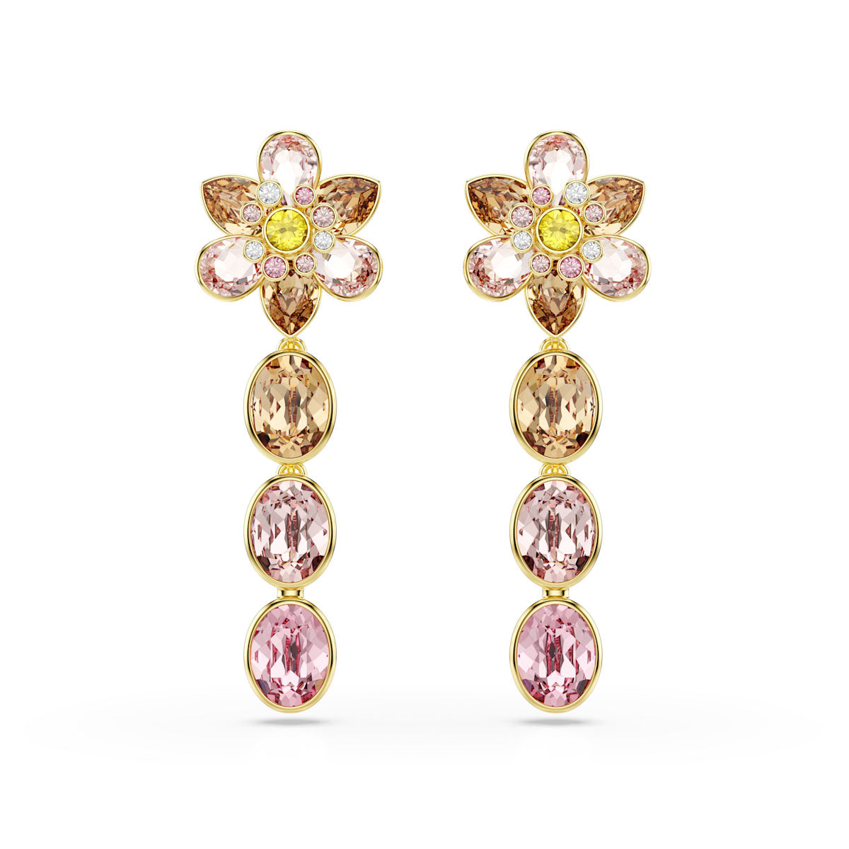 Idyllia drop earrings, Mixed cuts, Flower, Multicolored, Gold-tone plated