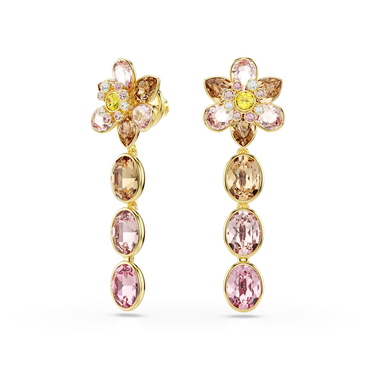 Idyllia drop earrings, Mixed cuts, Flower, Multicolored, Gold-tone plated
