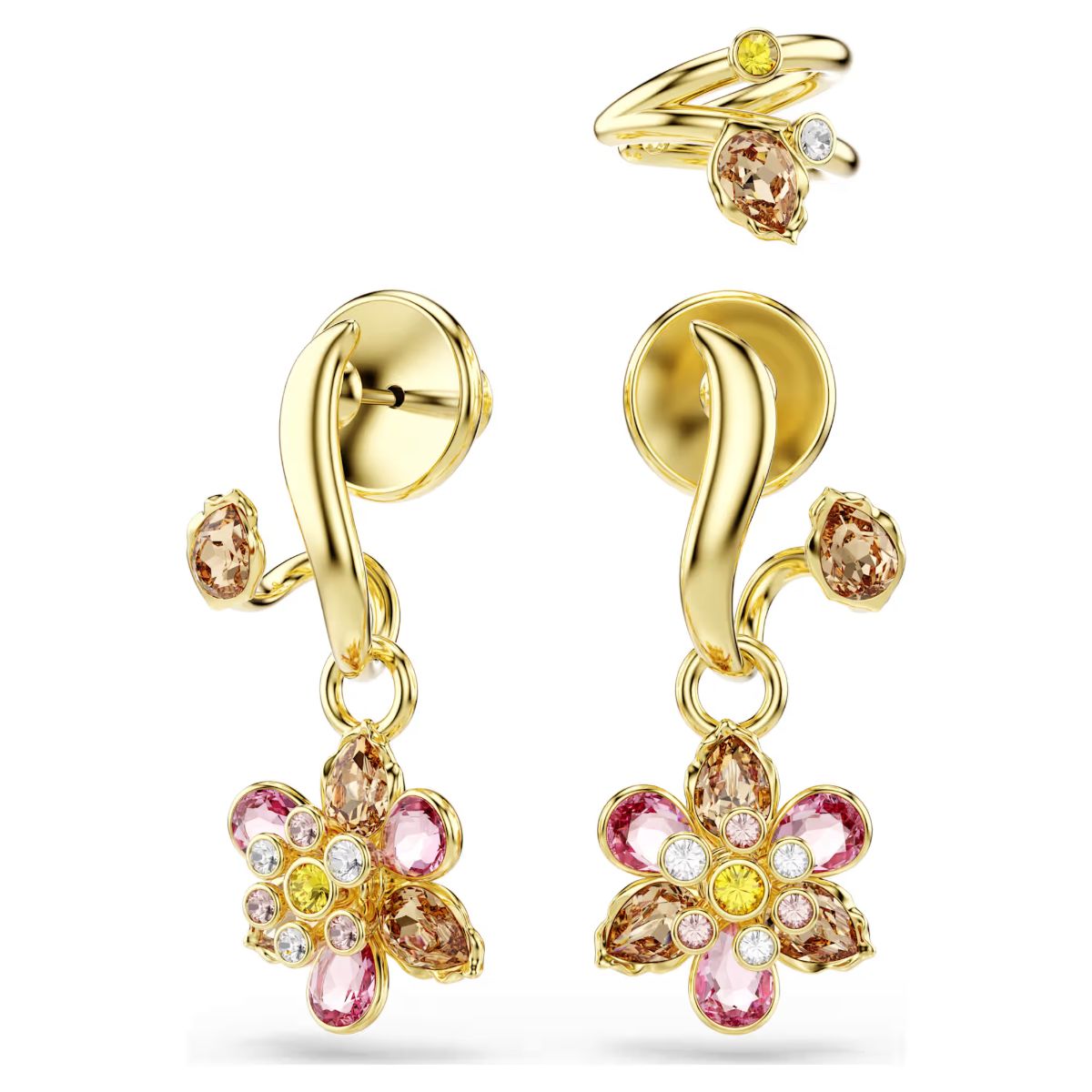 Idyllia earrings Set (3), Mixed cuts, Flower, Multicoloured, Gold-tone plated