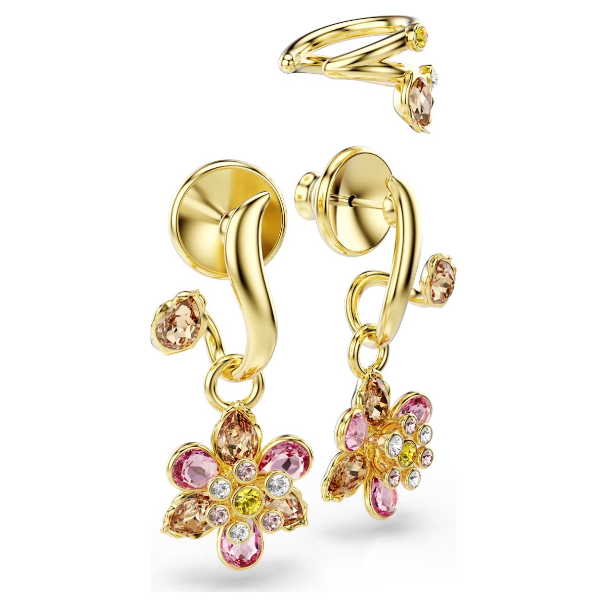 Idyllia earrings Set (3), Mixed cuts, Flower, Multicoloured, Gold-tone plated