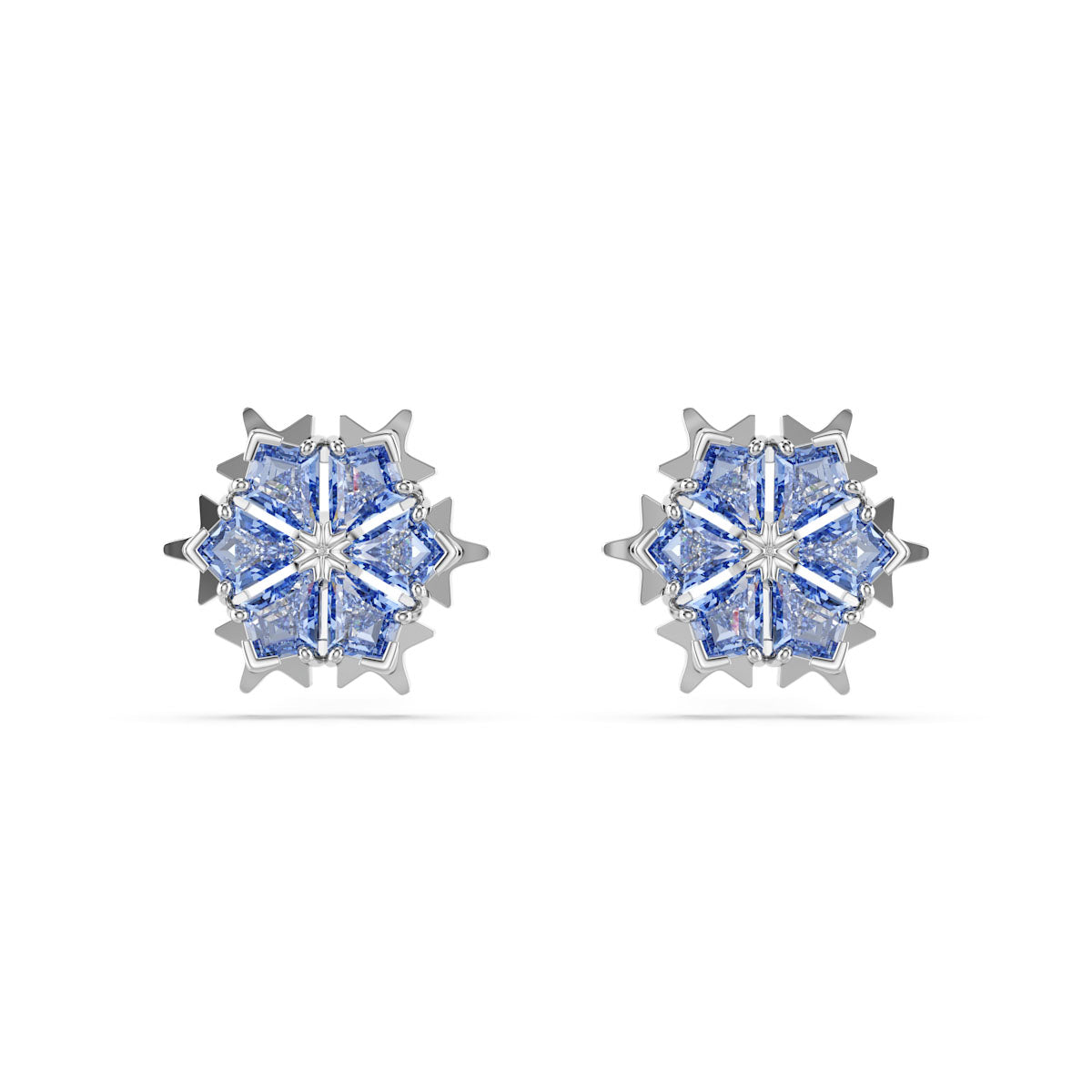 Magic stud earrings, Snowflake, Blue, Rhodium plated