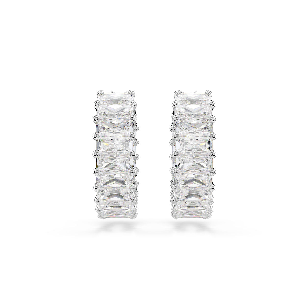 Matrix hoop earrings, Baguette cut, White, Rhodium plated