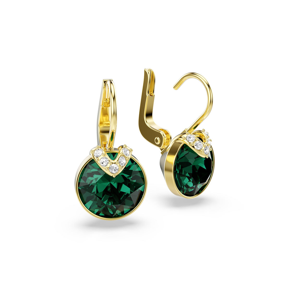 Bella V drop earrings, Round cut, Green, Gold-tone plated