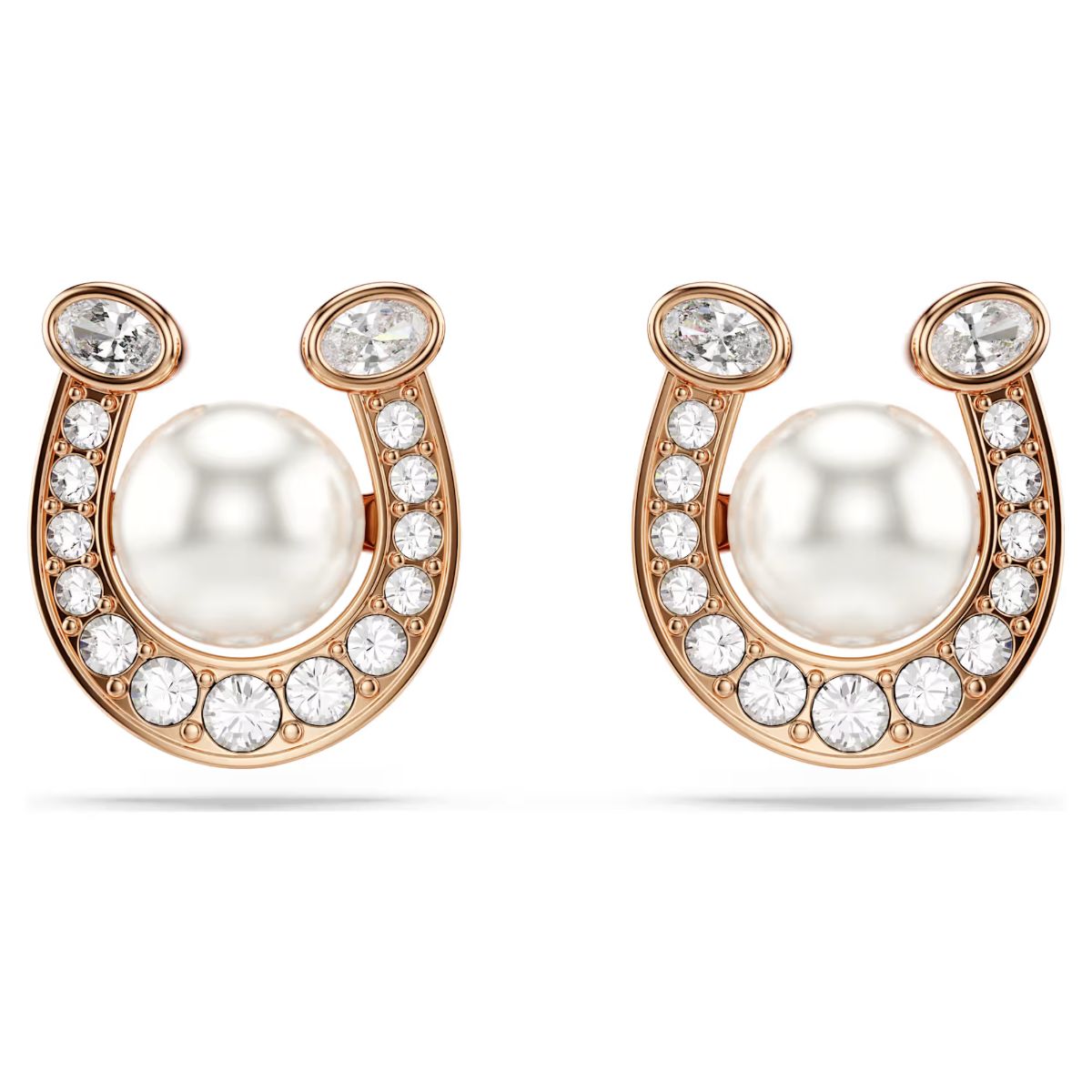 Symbolica stud earrings Crystal pearl, Pavé, Horse shoe, White, 18K rose gold finish - LAST IN STOCK