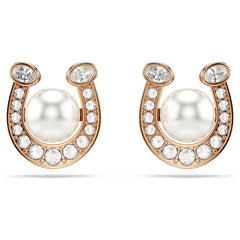 Symbolica stud earrings Crystal pearl, Pavé, Horse shoe, White, Rose gold-tone plated