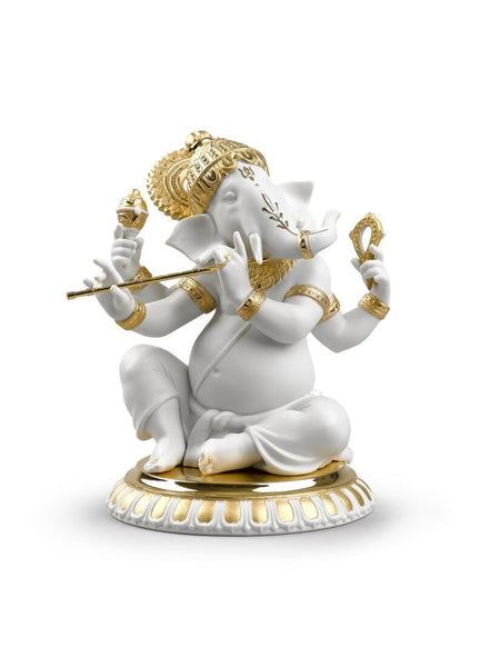 Bansuri Ganesha Figurine. Golden Lustre