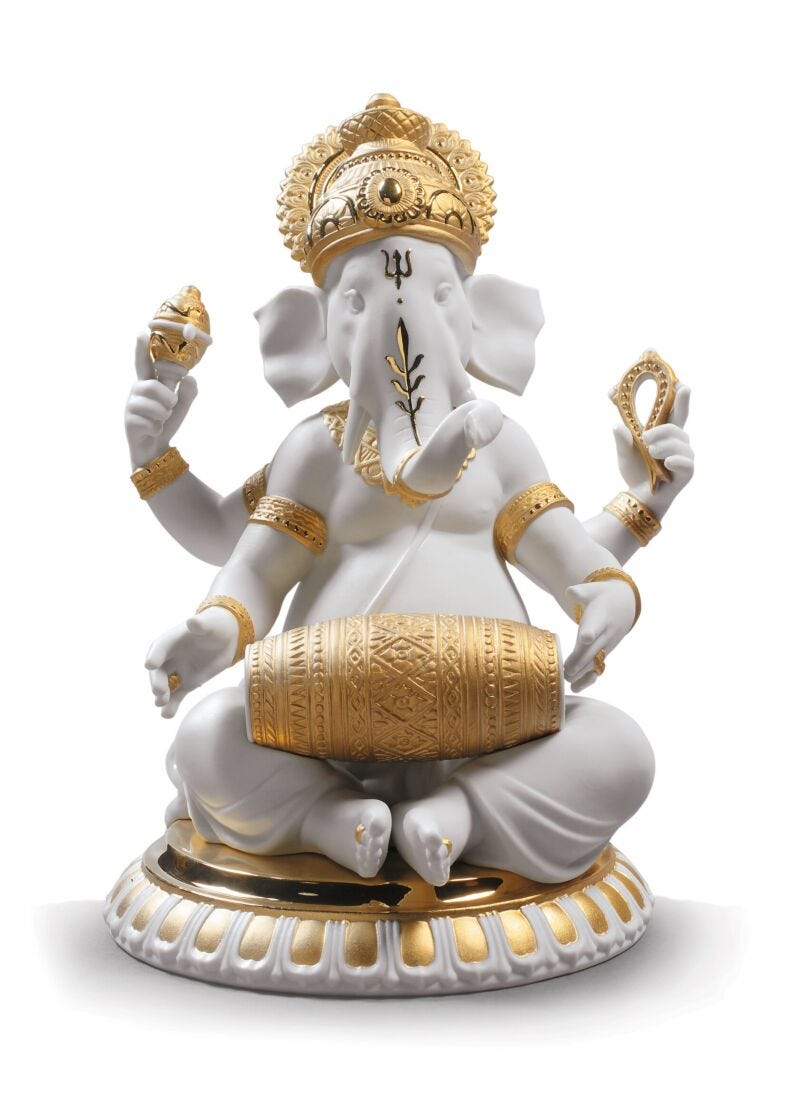 Mridangam Ganesha Figurine, Golden Lustre