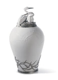 Herons Realm Covered Vase Figurine. Silver Lustre