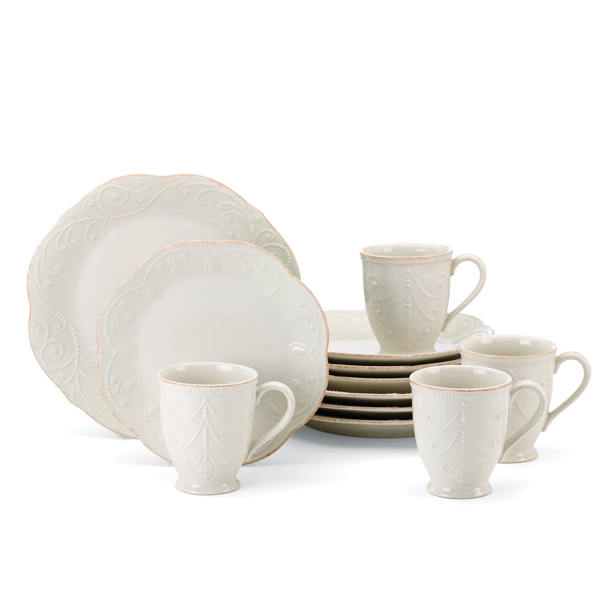 French Perle 12-Piece Plate & Mug Dinnerware Set