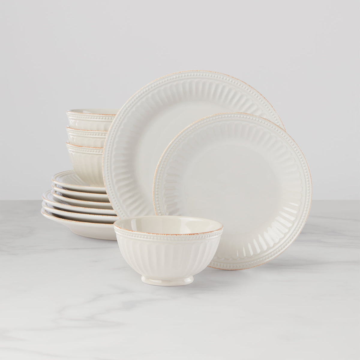 French Perle Groove 12-Piece Plate & Bowl Dinnerware Set