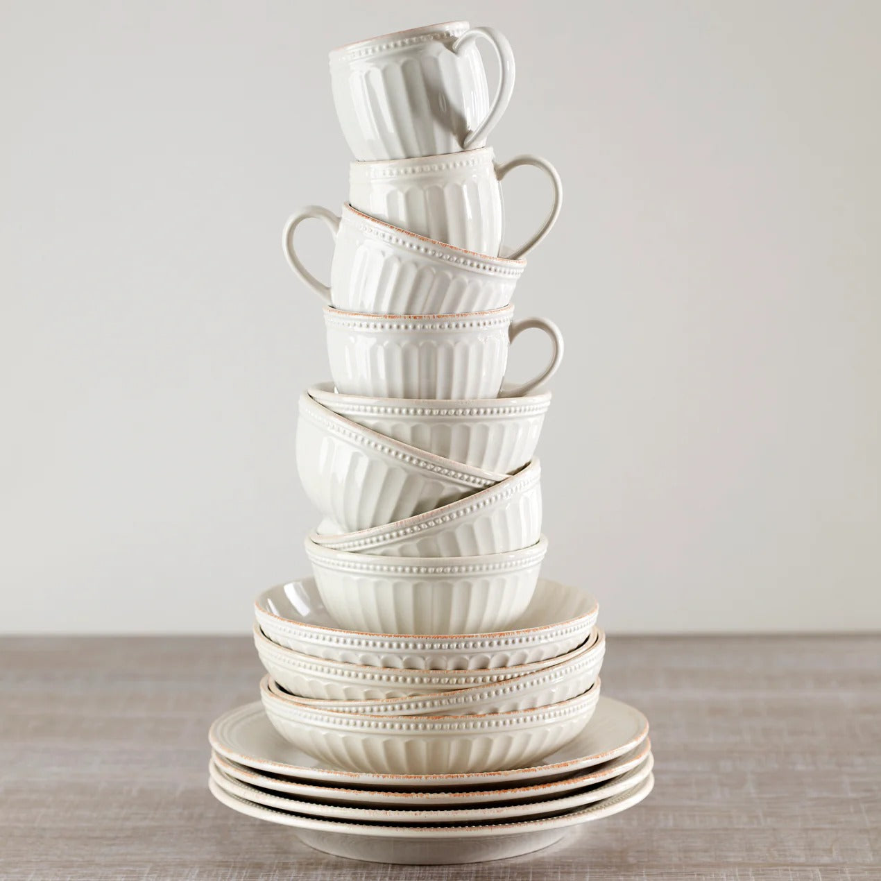 French Perle Groove White 12-Piece Pasta Bowl Dinnerware Set