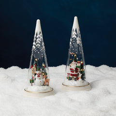 Lit Christmas Cone With North Pole Snowman Scene