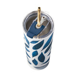 Blue Bay Leaf Pattern Stainless Steel Tumbler With Straw