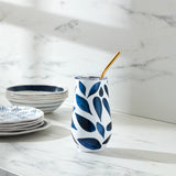 Blue Bay Leaf Pattern Stainless Steel Wine Tumbler With Straw