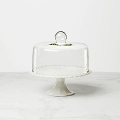 French Perle White Cake Plate With Dome