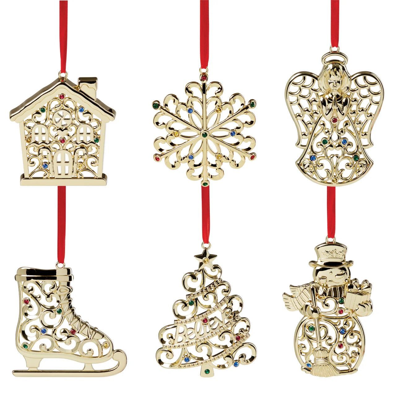 Sparkle & Scroll Multicolor Jeweled Gold Ornaments, Set Of 6