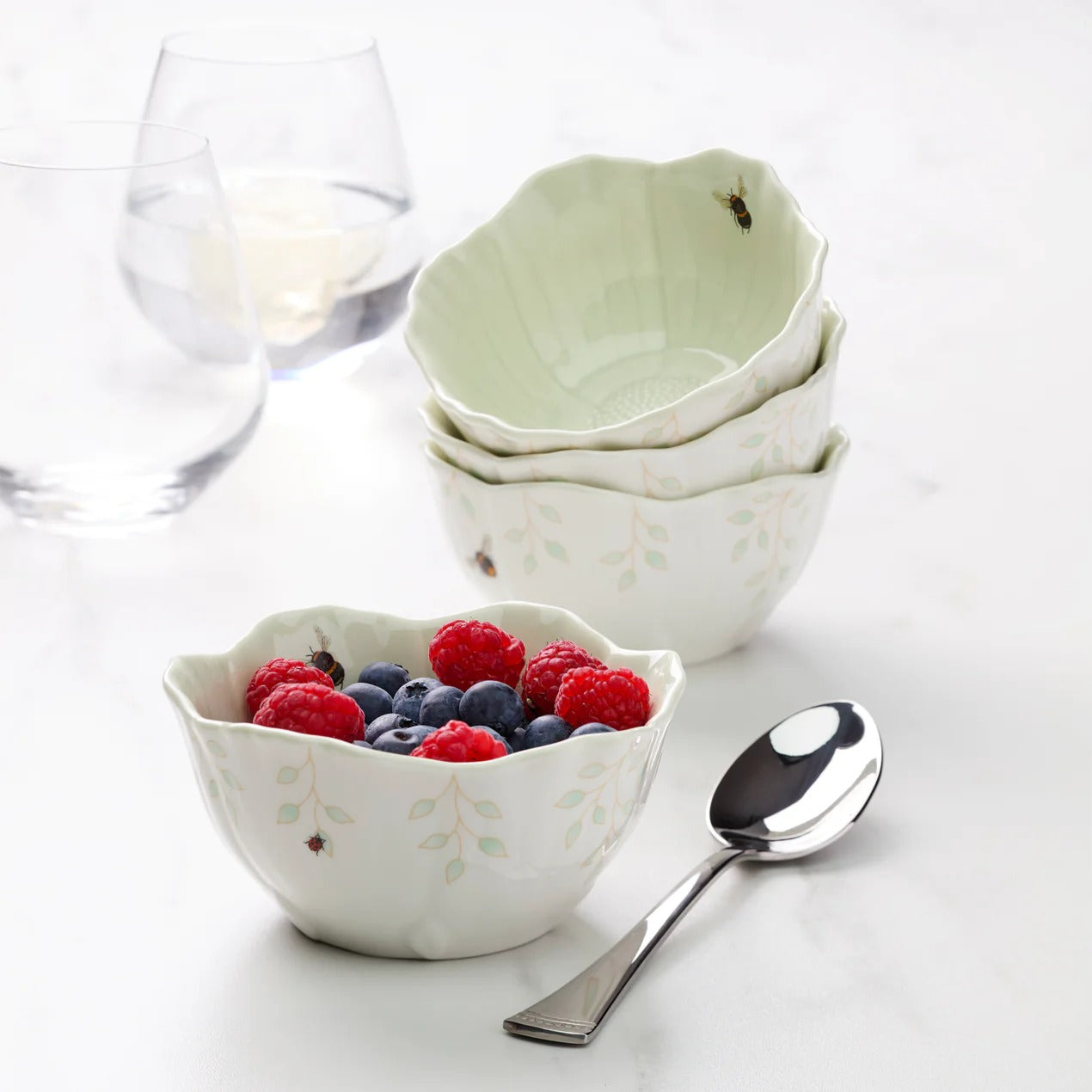 Butterfly Meadow Floral Set Of 4 Dessert Bowls - Green