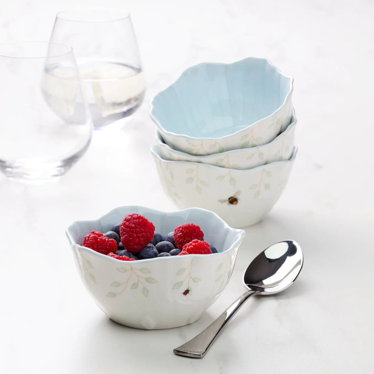 Butterfly Meadow Floral Set Of 4 Dessert Bowls - Blue