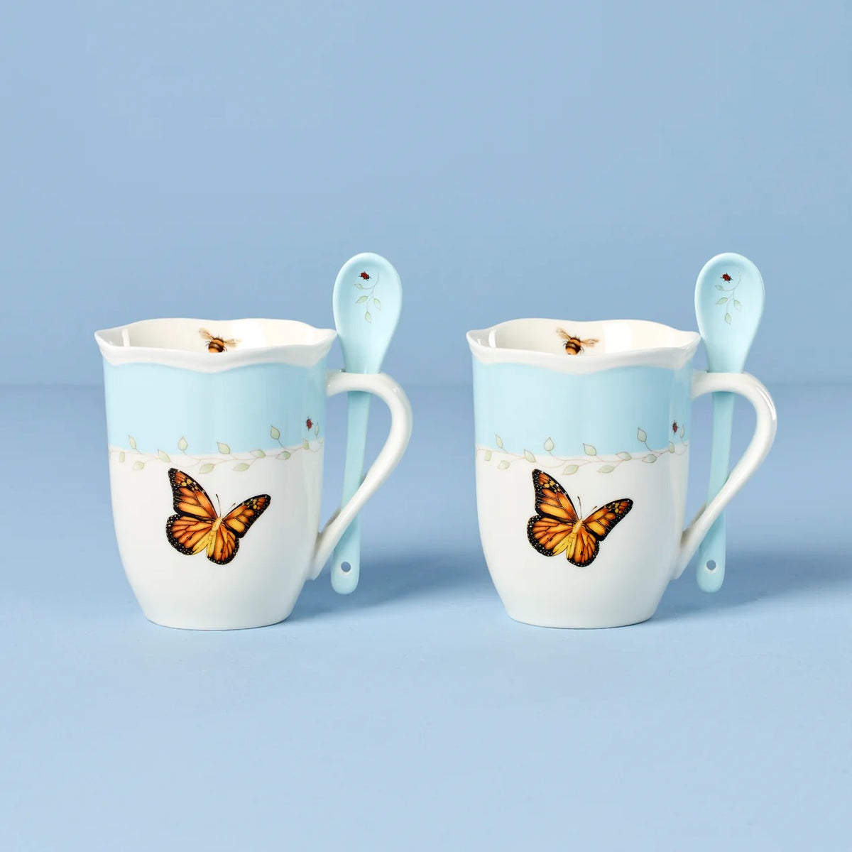 Butterfly Meadow Color Mugs With Spoons, Set Of 2, Blue