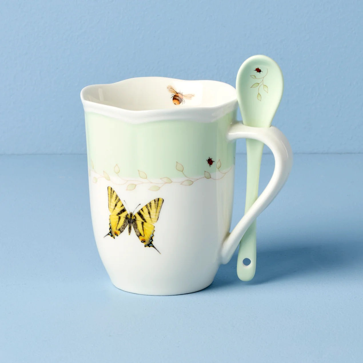 Butterfly Meadow Color Mugs With Spoons, Set Of 2, Green