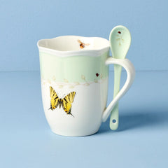 Butterfly Meadow Color Mugs With Spoons, Set Of 2, Green
