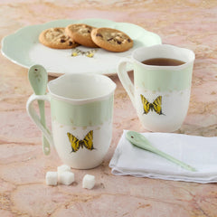 Butterfly Meadow Color Mugs With Spoons, Set Of 2, Green