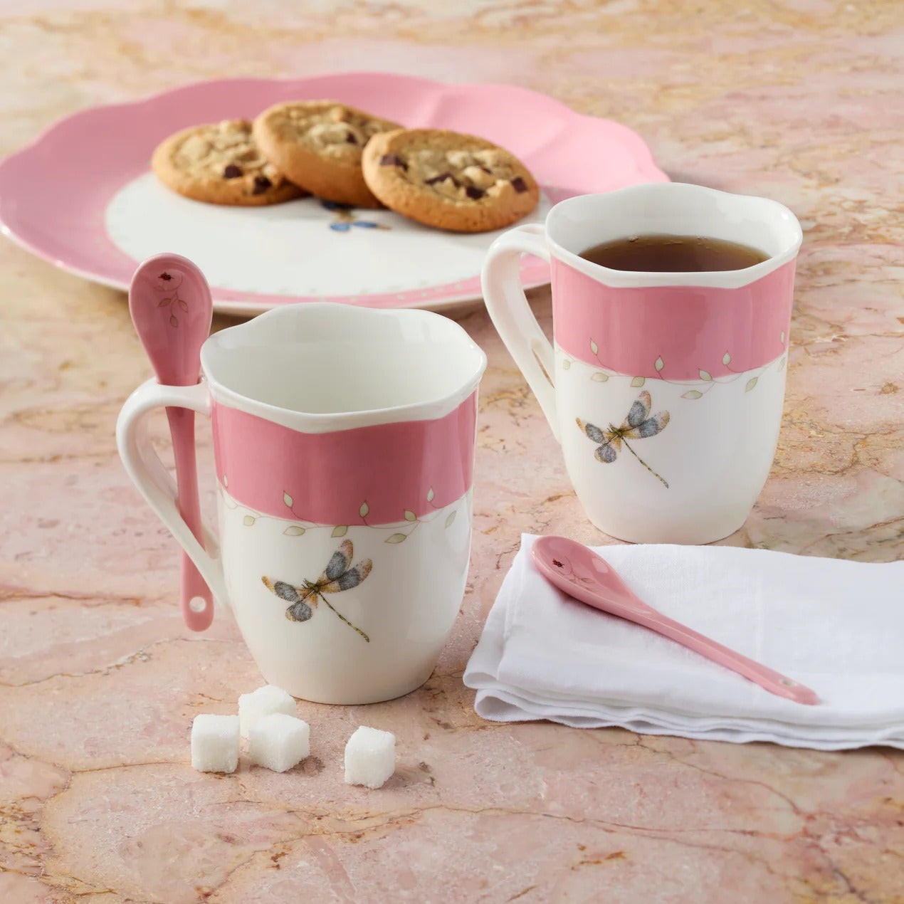 Butterfly Meadow Color Mugs With Spoons, Set Of 2, Pink