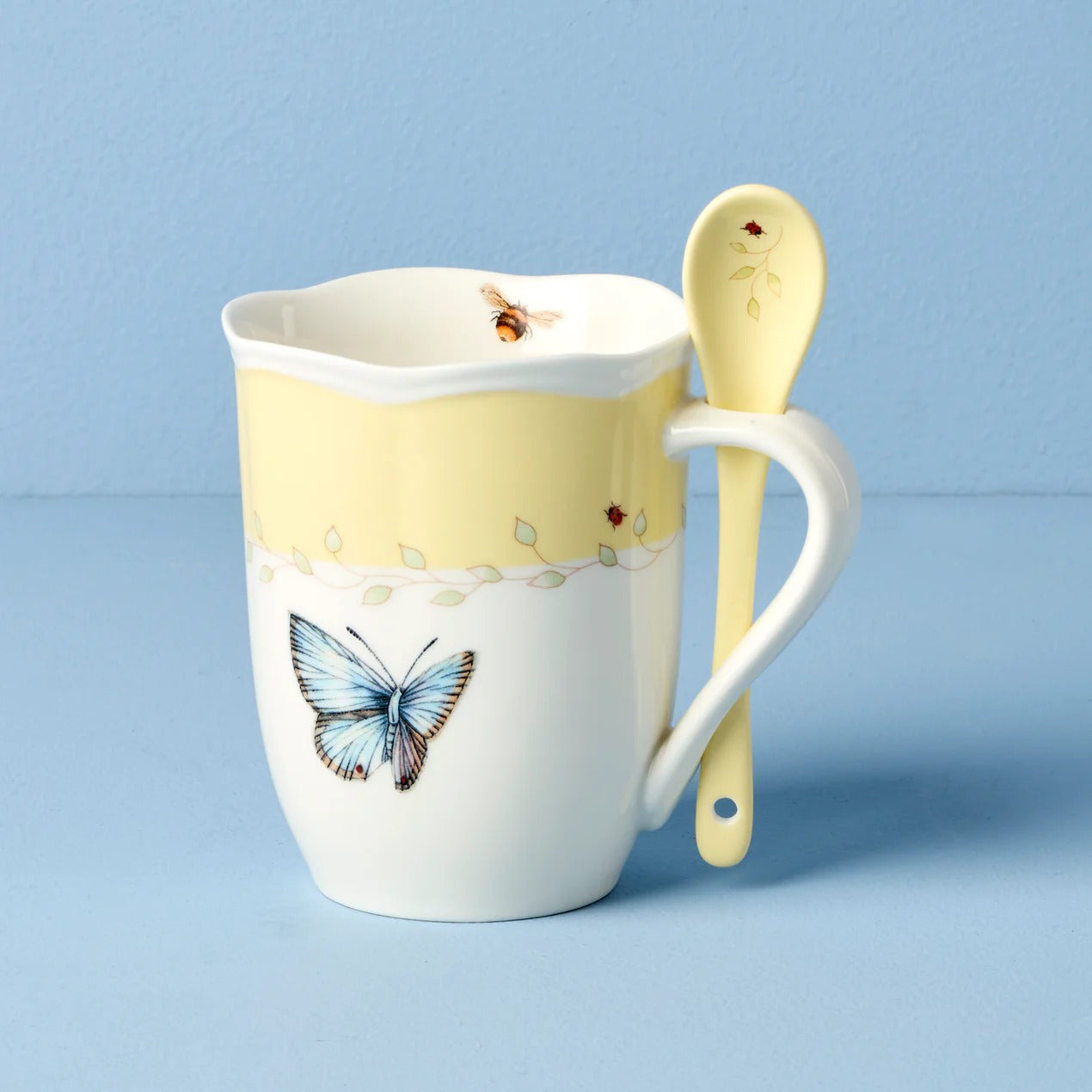 Butterfly Meadow Color Mugs With Spoons, Set Of 2, Yellow