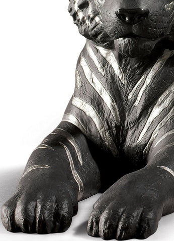 Tiger Figurine. Silver Lustre And Black