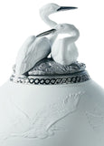 Herons Realm Covered Vase Figurine. Silver Lustre