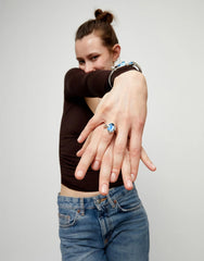 Sterling Silver Plated Metal Alloy Ring With A Blue Faceted Crystal