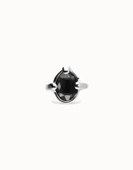 Sterling Silver Plated Metal Alloy Ring With A Black Faceted Crystal