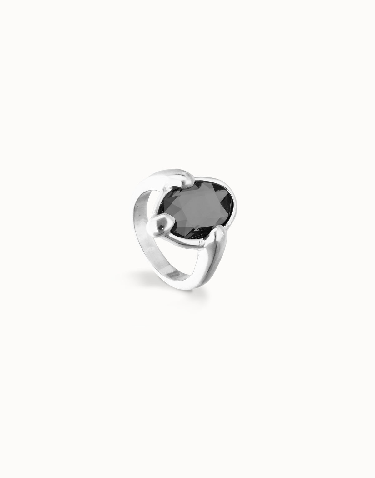 Sterling Silver Plated Metal Alloy Ring With A Black Faceted Crystal
