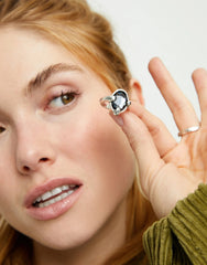 Sterling Silver Plated Metal Alloy Ring With A Black Faceted Crystal