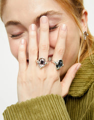 Sterling Silver Plated Metal Alloy Ring With A Black Faceted Crystal