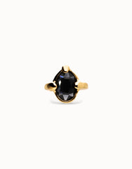 18K Gold Plated Metal Alloy Ring With A Black Faceted Crystal