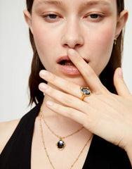 18K Gold Plated Metal Alloy Ring With A Black Faceted Crystal