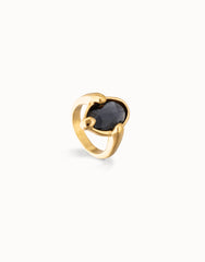 18K Gold Plated Metal Alloy Ring With A Black Faceted Crystal